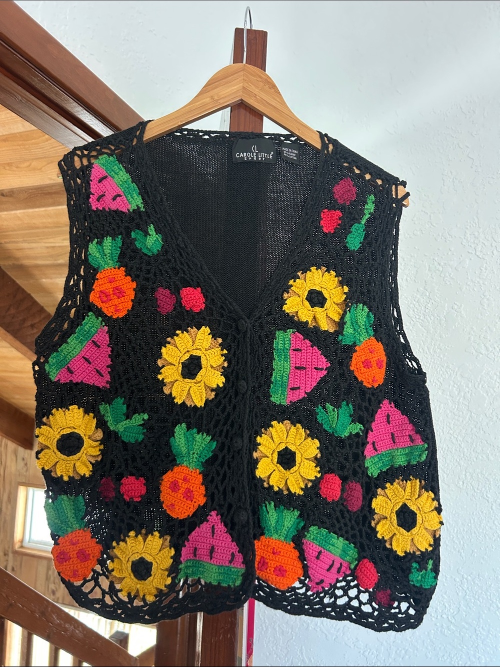 Vintage Carol Little Sport Black crochet Vest w/ flowers & fruit all over front - Picture 3 of 10
